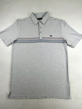 TravisMathew Golf Polo Shirt Medium Gray Striped Performance Stretch